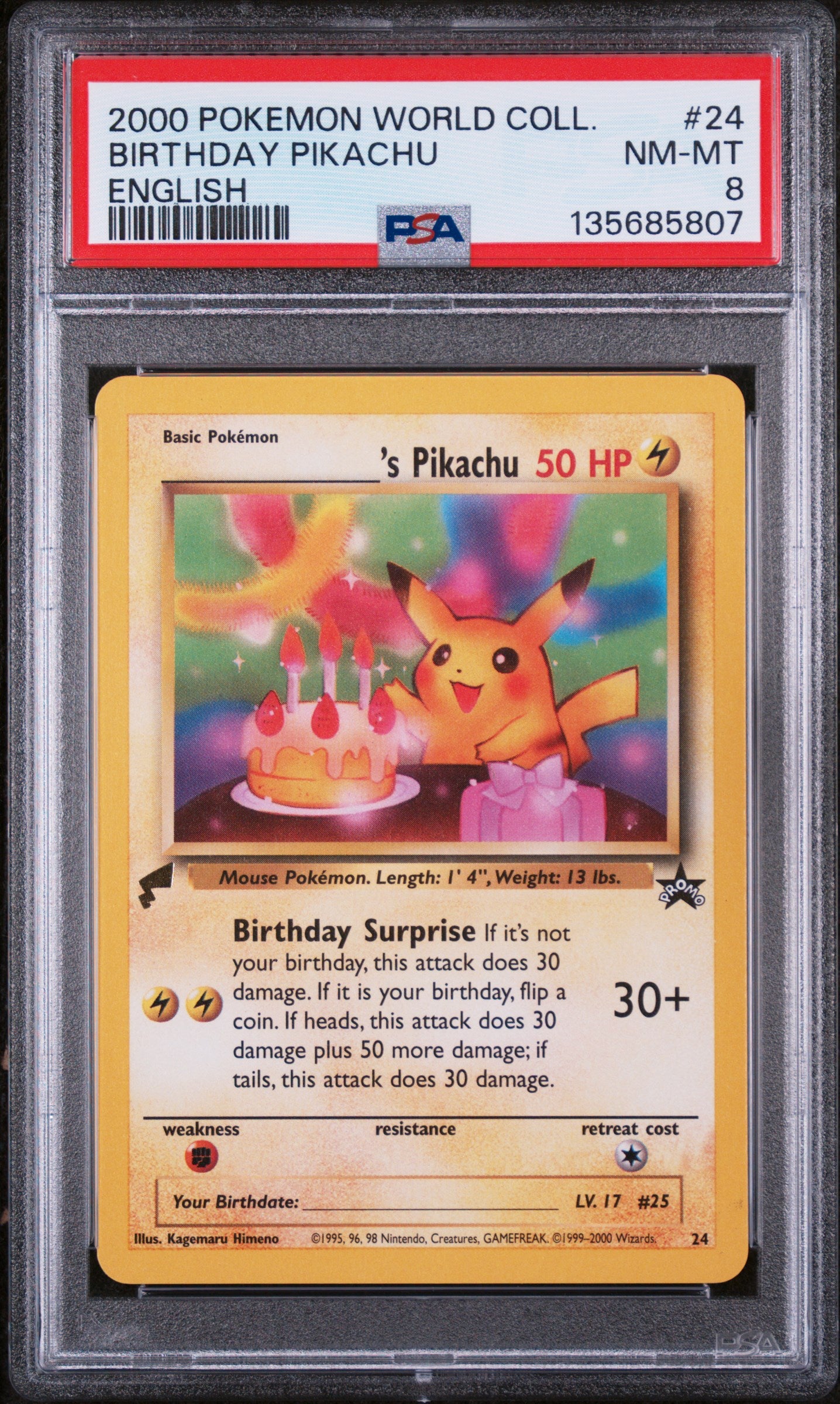 2000 Pokemon Pikachu World Collection Birthday Pikachu English 24 PSA 8