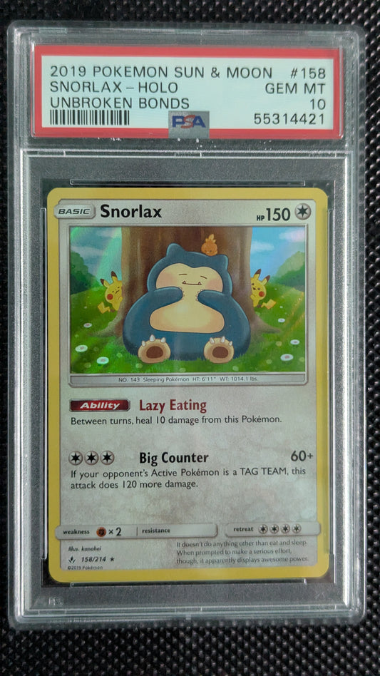 2019 Pokemon Sun & Moon – Unbroken Bonds #158 Snorlax – holo PSA 10