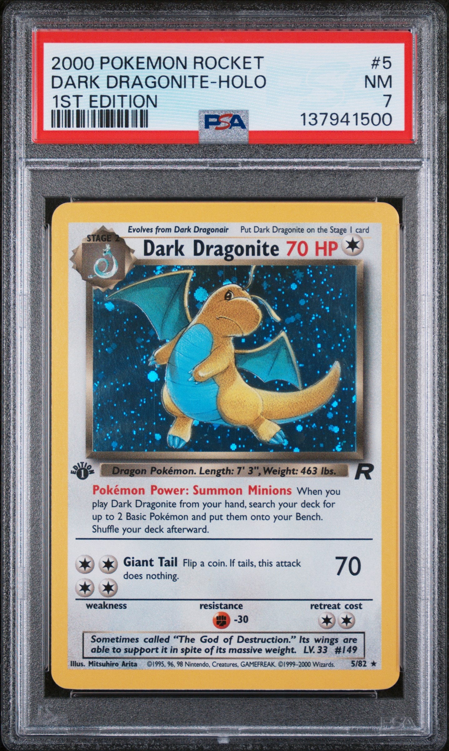 2000 Pokemon Rocket Dark Dragonite Holo 1st Edition 5 PSA 7
