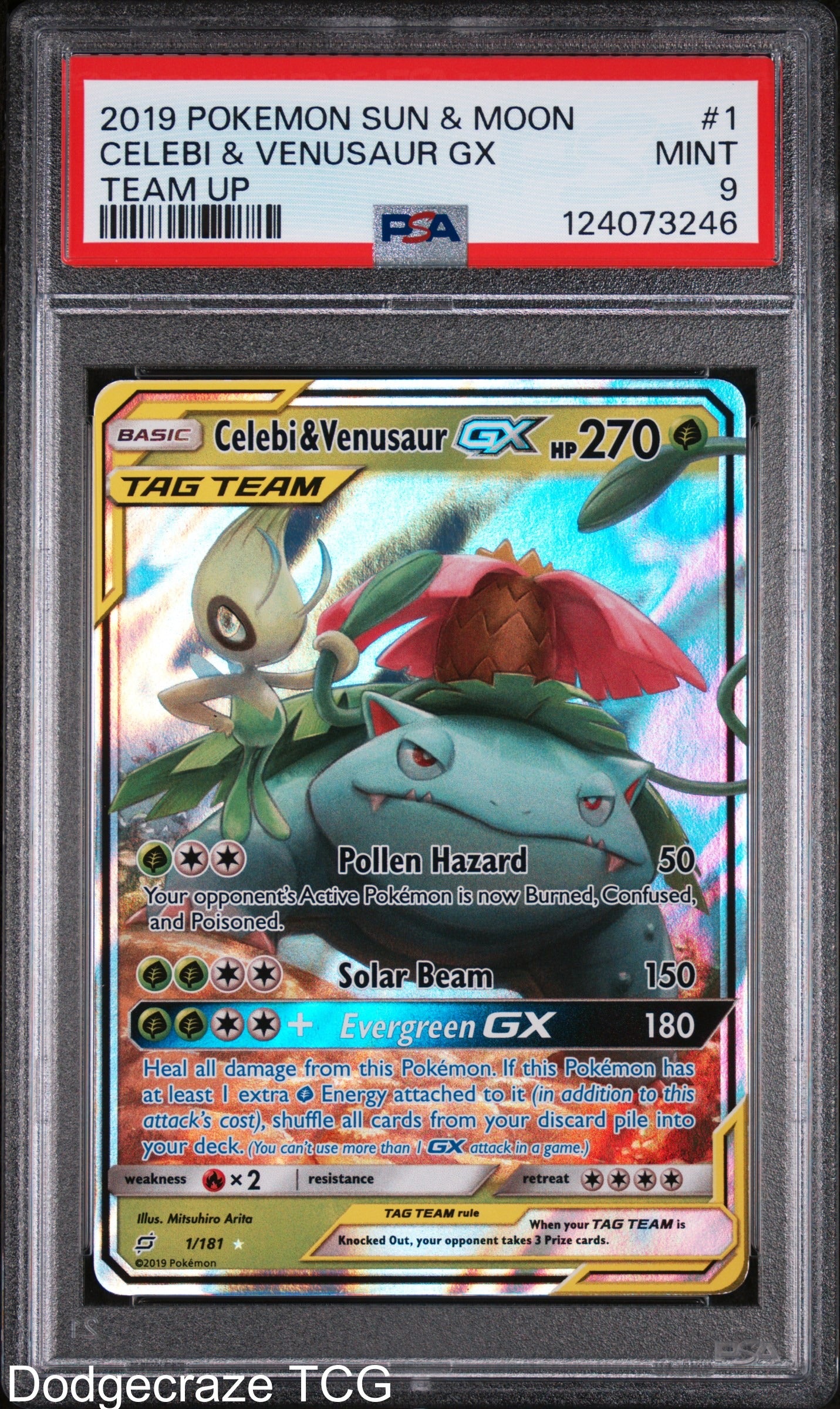 2019 Pokemon Team Up Celebi & Venusaur Gx 1/181 PSA 9