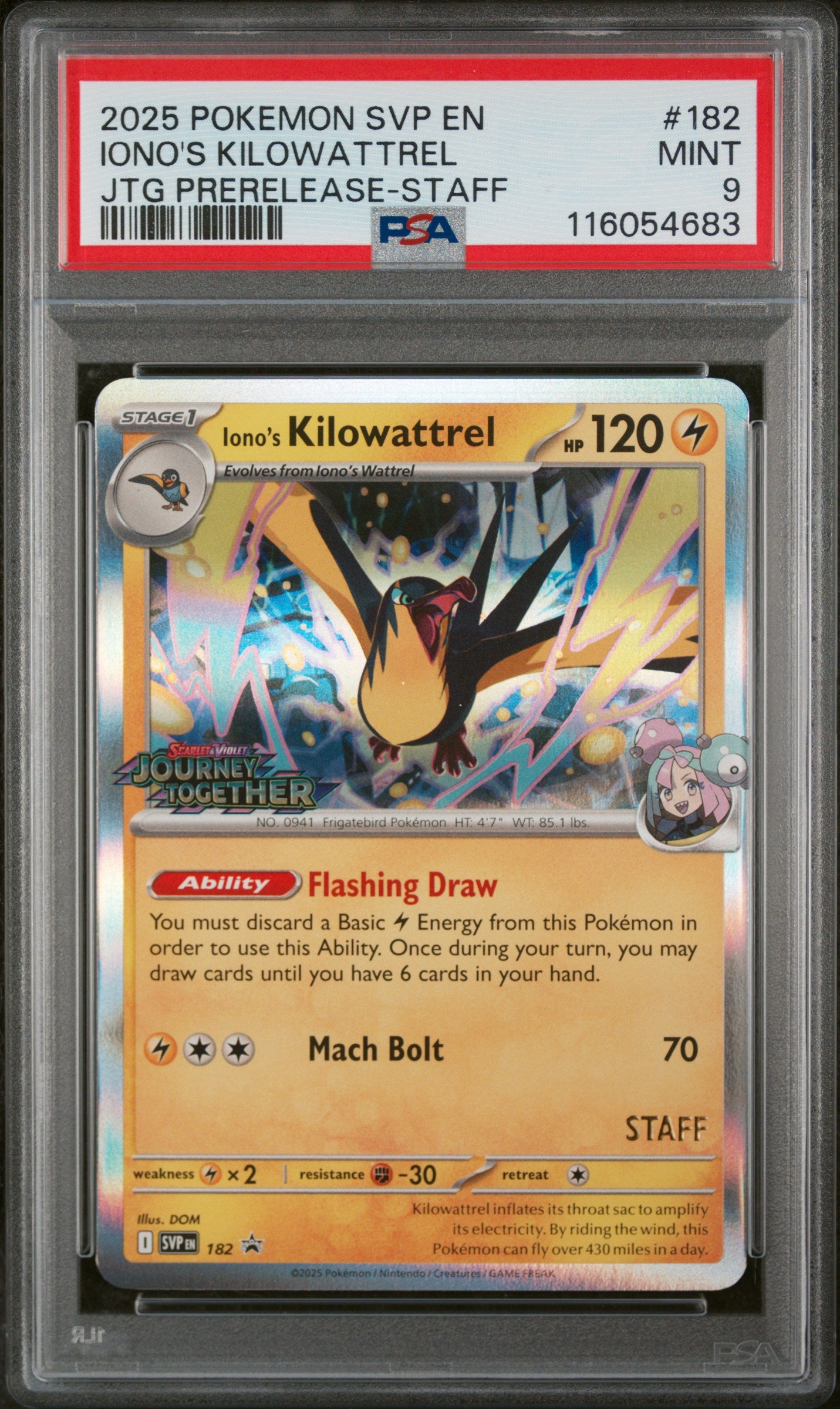 2025 Pokemon Iono's Kilowattrel Journey Together Prerelease-staff 182/159 PSA 9