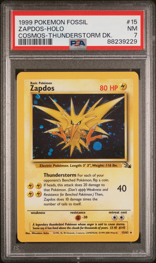 1999 Pokemon Fossil Zapdos Holo Cosmos-thunderstorm Deck 15/62 PSA 7