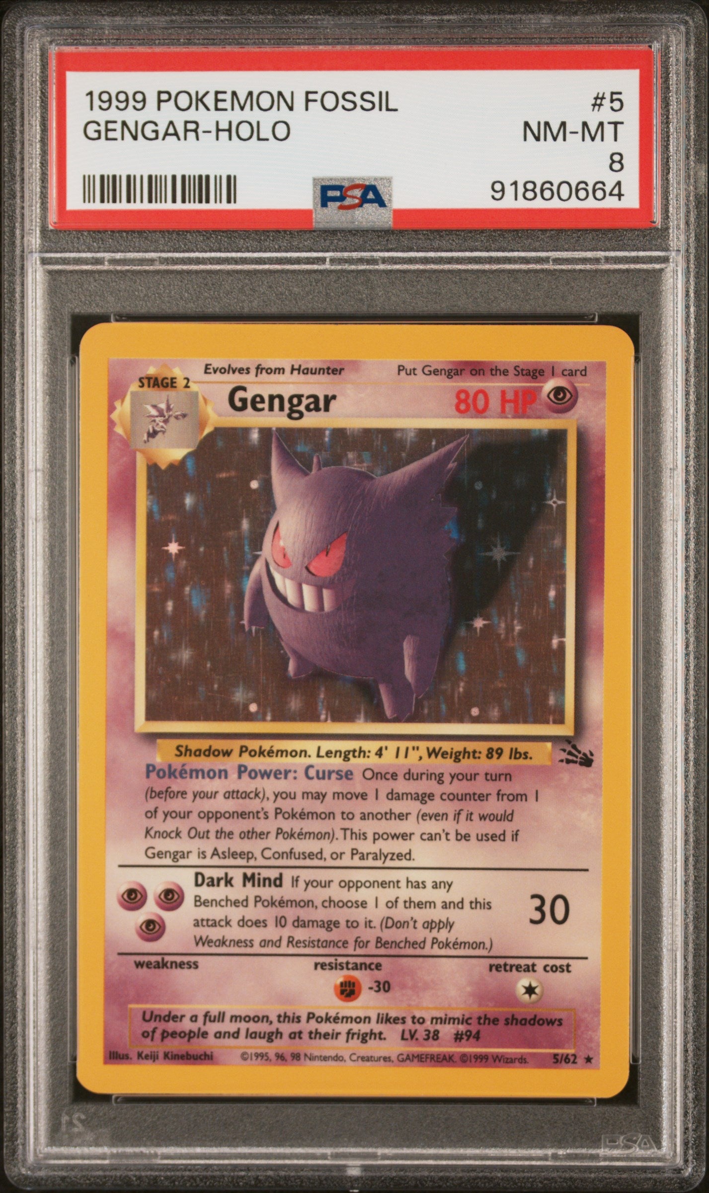 1999 Pokemon Fossil Gengar Holo 5/62 PSA 8