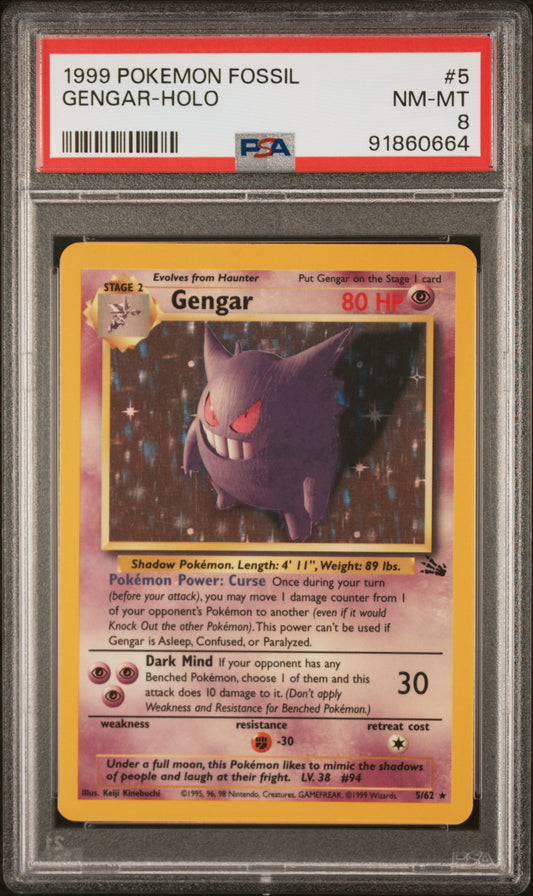 1999 Pokemon Fossil Gengar Holo 5/62 PSA 8