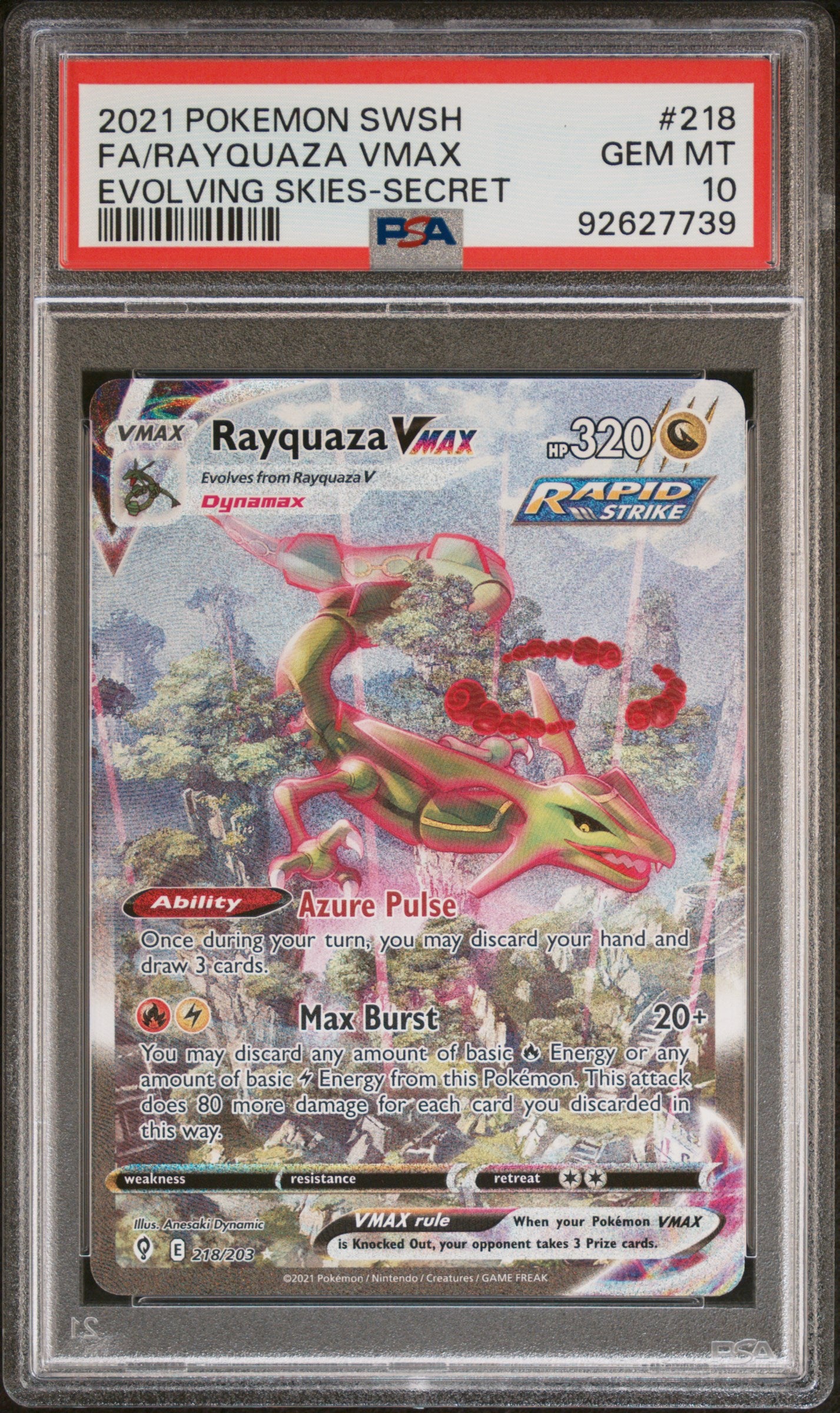 2021 Pokemon Evolving Skies Rayquaza Vmax Secret 218/203 PSA 10